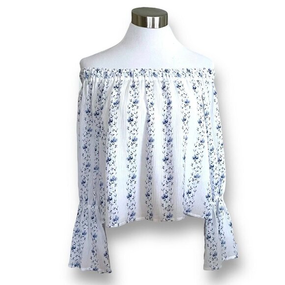 Club Monaco Womens Plumina Blouse XS Blue White Floral Silk Off Shoulder Boho - Picture 4 of 8